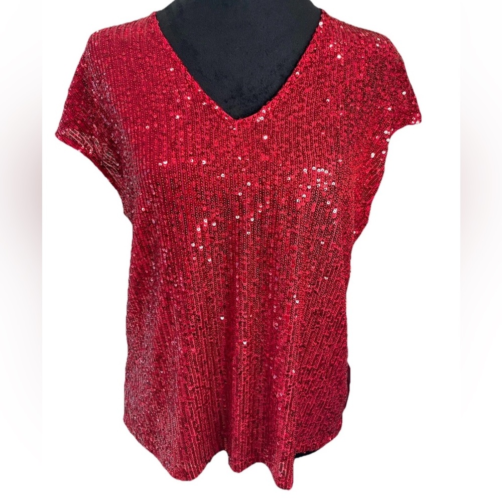 🆕MSK ultra red ladies pullover sequin shimmery top size small NWT stretch poly